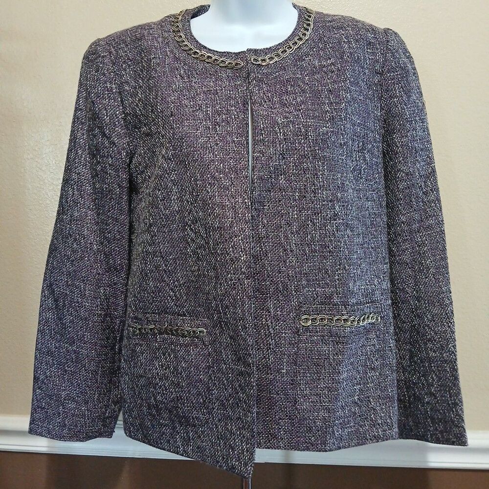 Alfred Dunner Petite 8 Tweed Purple Suit Jacket Blazer Silver Chain Detail